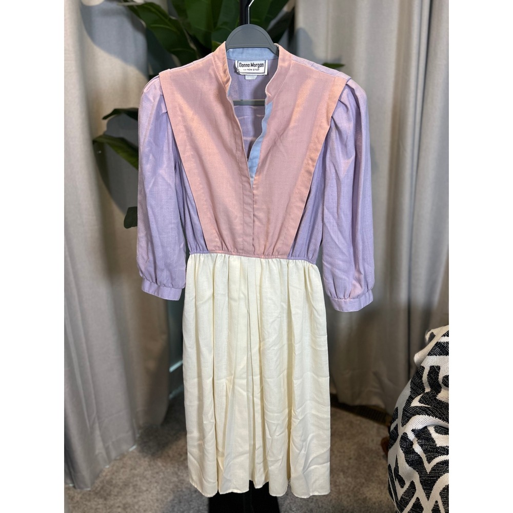 Vintage Donna Morgan Non Stop Colorblock Midi Dress Pastel Lilac Pink Cream 80s